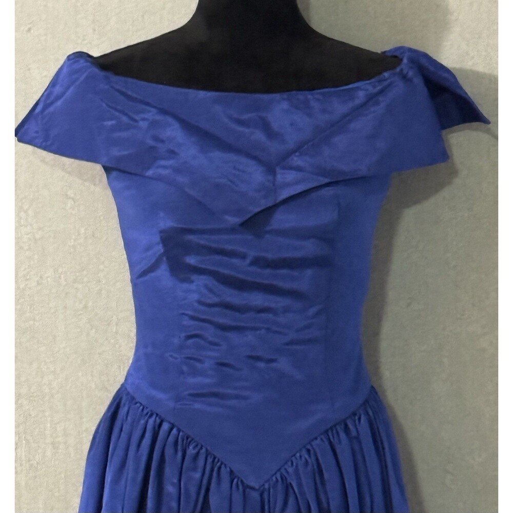 Vtg 80s Royal Blue Taffeta Prom Dress Off Shoulder Ruched Basqued Waist Midi